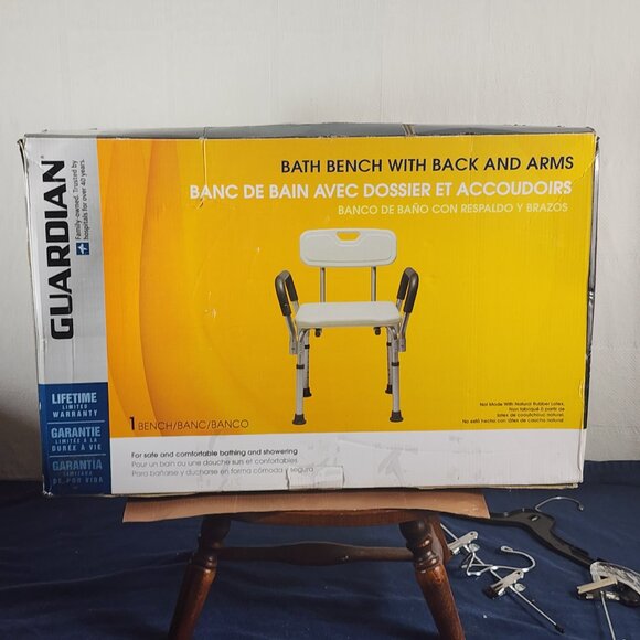 Guardian Aluminum Frame Height Adj Bath Bench w/Back and Arms Holds up to 350lbs - Picture 2 of 16